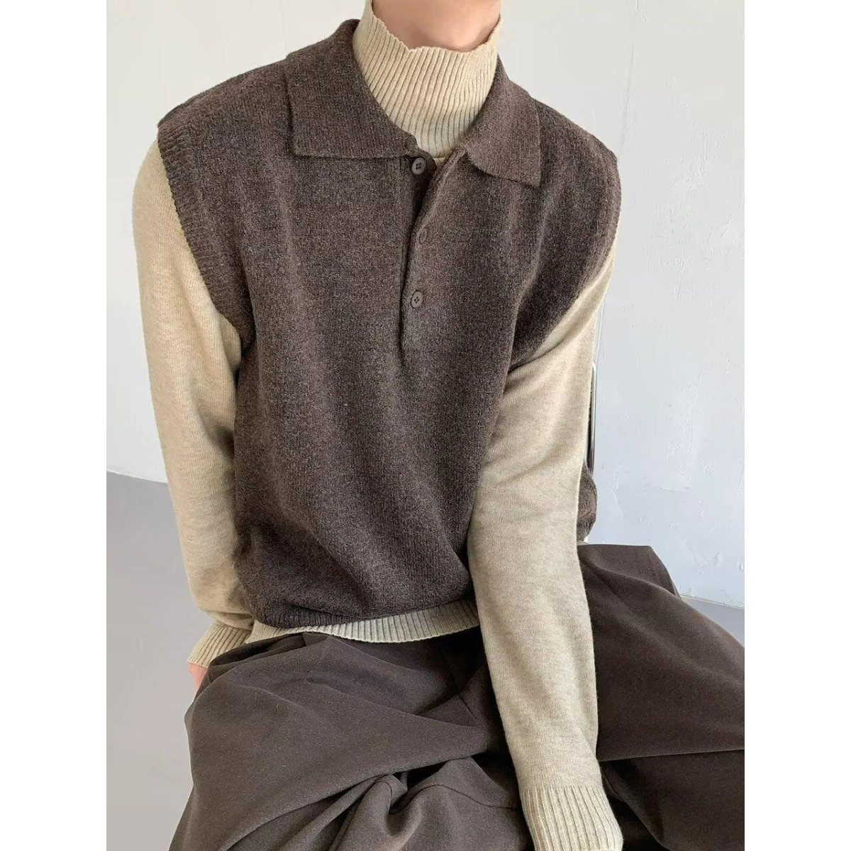 

Корейский вязаный мужской жилет свободного кроя, осенний модный свитер с воротником, универсальная цветная верхняя одежда, модная майка