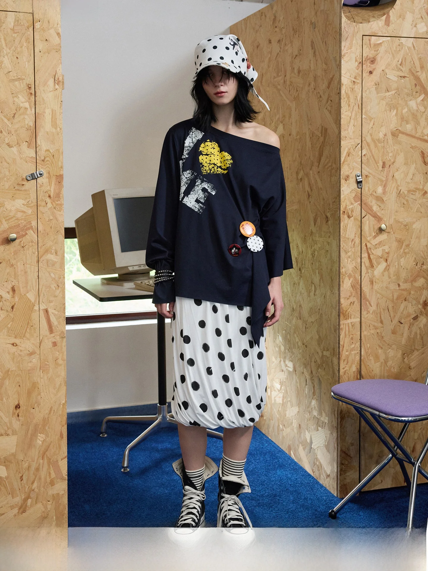 

JINN STUDIO Retro Polka Dot Color Blo Special Knot 3D Flower Bud Midi Skirt Women Universal Slimming f Skirt