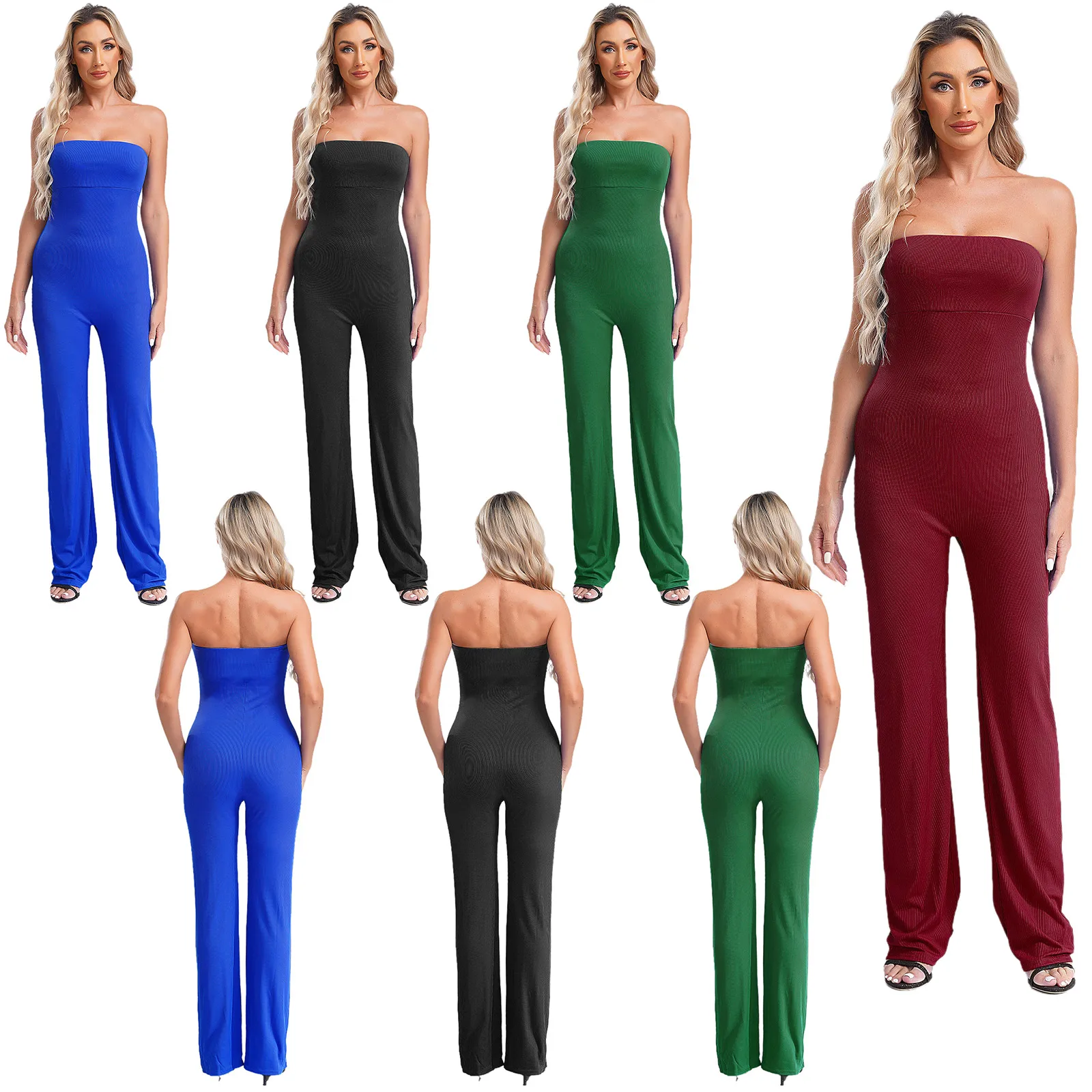 Womens Fashion Slim Fit Jumpsuit Casual Solid Sleeveless Off Shoulder Backless Ribbed Rompers Bodysuit Party Club Streetwear