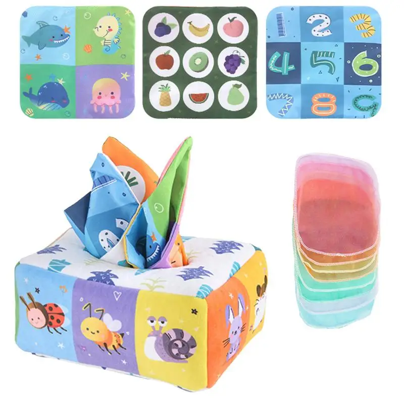 Montessori Toys For Baby 0-18 Months Infant Toddlers Tissue Box Colorful Soft Sensory Toy For Toddler Finger Exercise