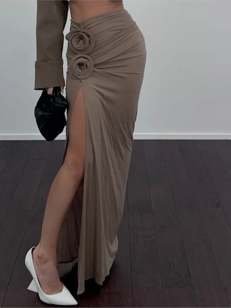 

2025 Autumn Elegant Skirt Slit Skirts For Woman French Banquet Temperament Fashion Slim Package Hip Commuting Flower Beachwear