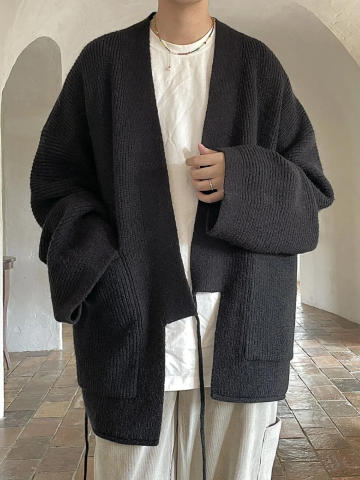 Men's Minimalist Kimono Cardigan Oversized V-Neck Long Sleeve Fall Winter Knit Sweater Coat Premium Loose Fit Layering Outerwear