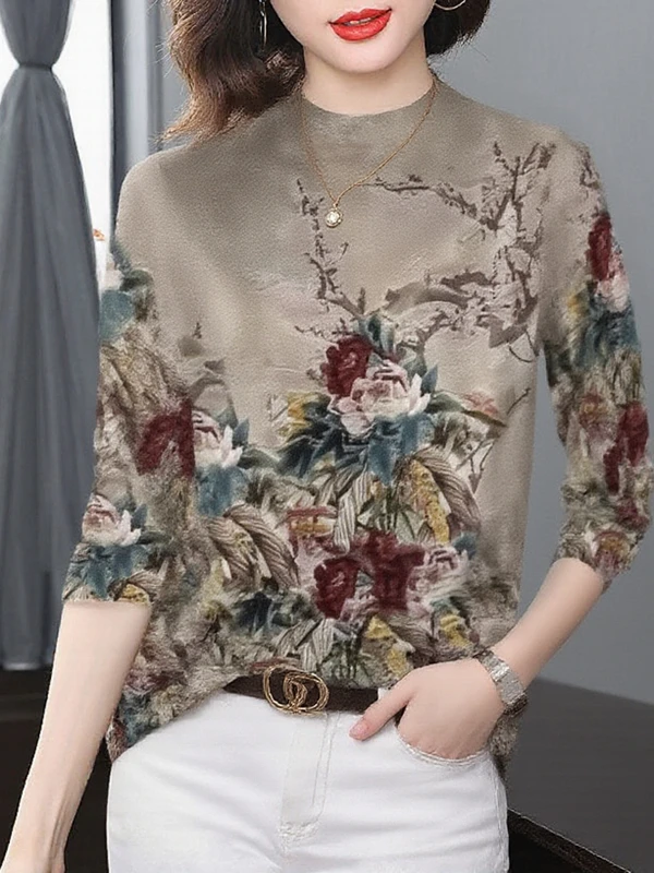 

Thickened Long Sleeve Printed Base Shirt for Middle-Aged Women Loose And Fashionable Half-High Collar Warm Top Polyester Fiber