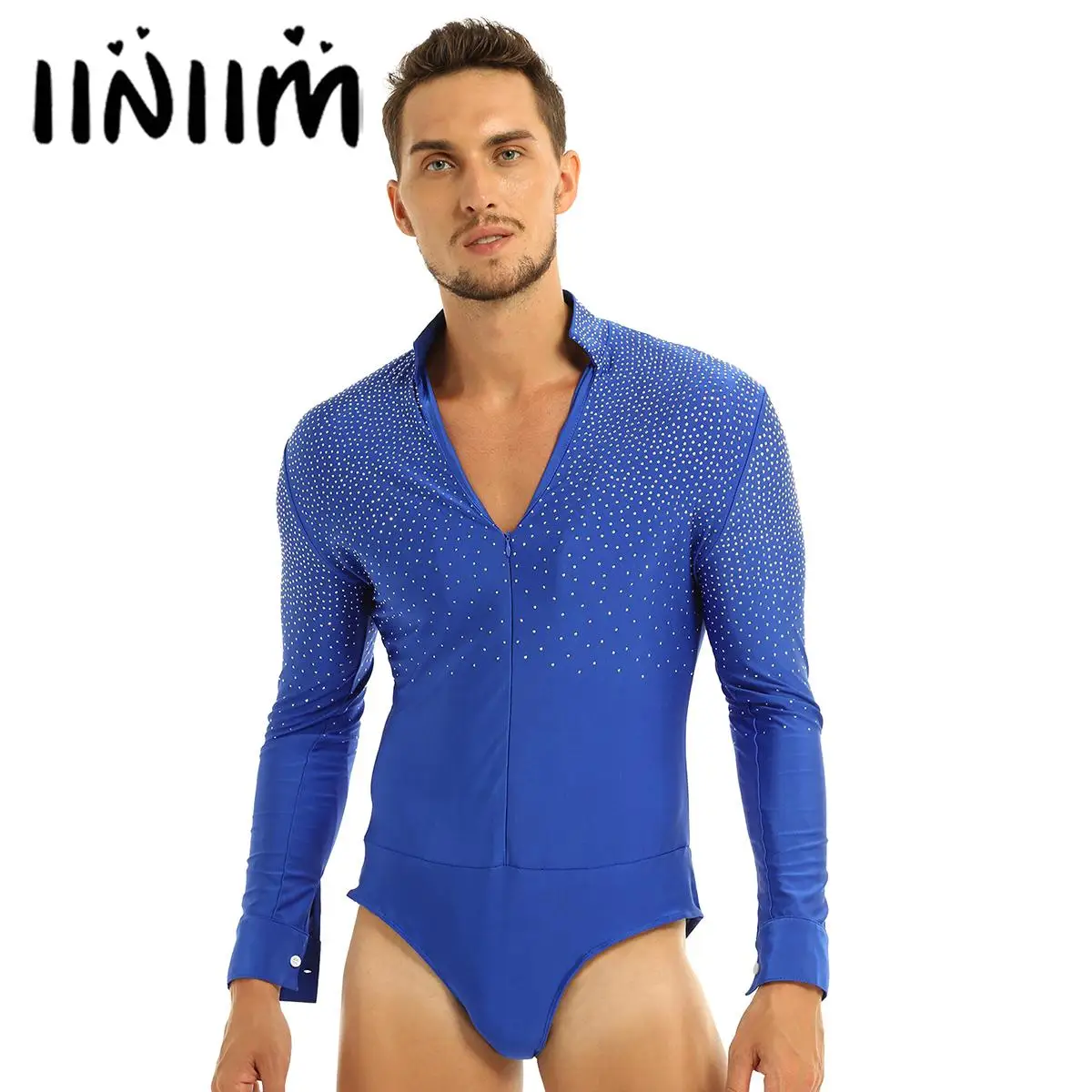 Heren Glanzende Steentjes Latin Tango Rumba Dansshirt Bodysuit Gymnastiek Schaatsen Costum Lange Mouw Ballroom Shirt Tops