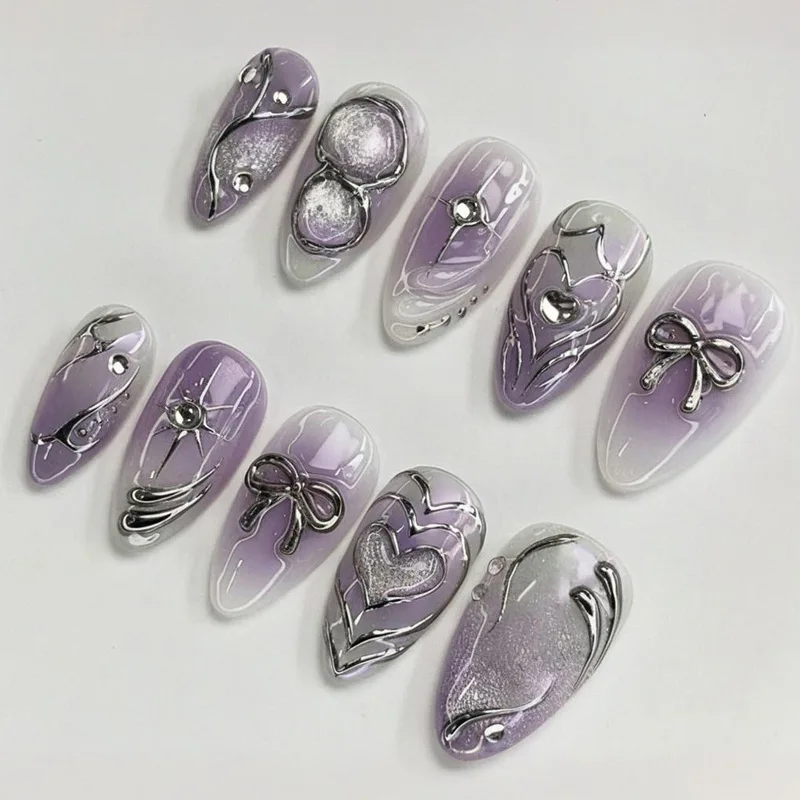 30 Stück 3D Traumrose Aufklebenägel Herz & Tier Wellenmuster Künstliche Nägel Kurze Mandel-Form Vollständige Abdeckung für Frauen & Mädchen Falsche Nagelkunst