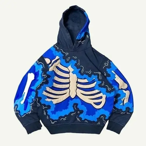 Trendy American Ins Youth Trend Flame Skeleton 3d Printed Velvet Sweatshirt Boys Y2K Street Hip-hop Trend Pullover Hoodie Tops