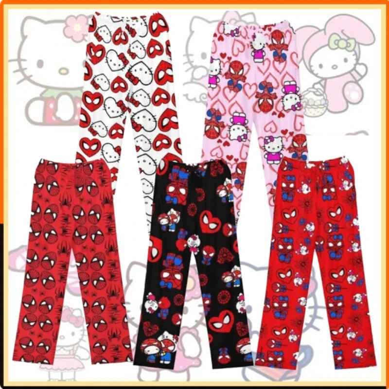 

Kawaii Hello Kitty SpiderMan Pajama Pants Cotton Ladies Pyjama Trousers Women Men Cartoon Loose Sleep Bottoms Lounge Wear Sleep