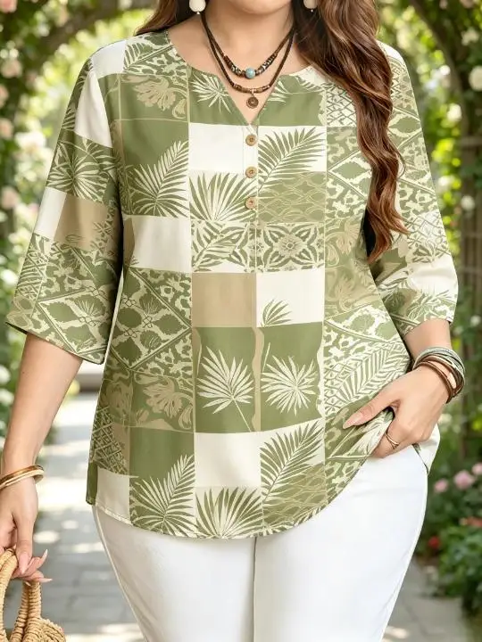 Women 3/4 Sleeve V‑Neck Blouse Button Detail Bohemian Patchwork Tile Floral Leaf Print Loose Casual Ladies Tops