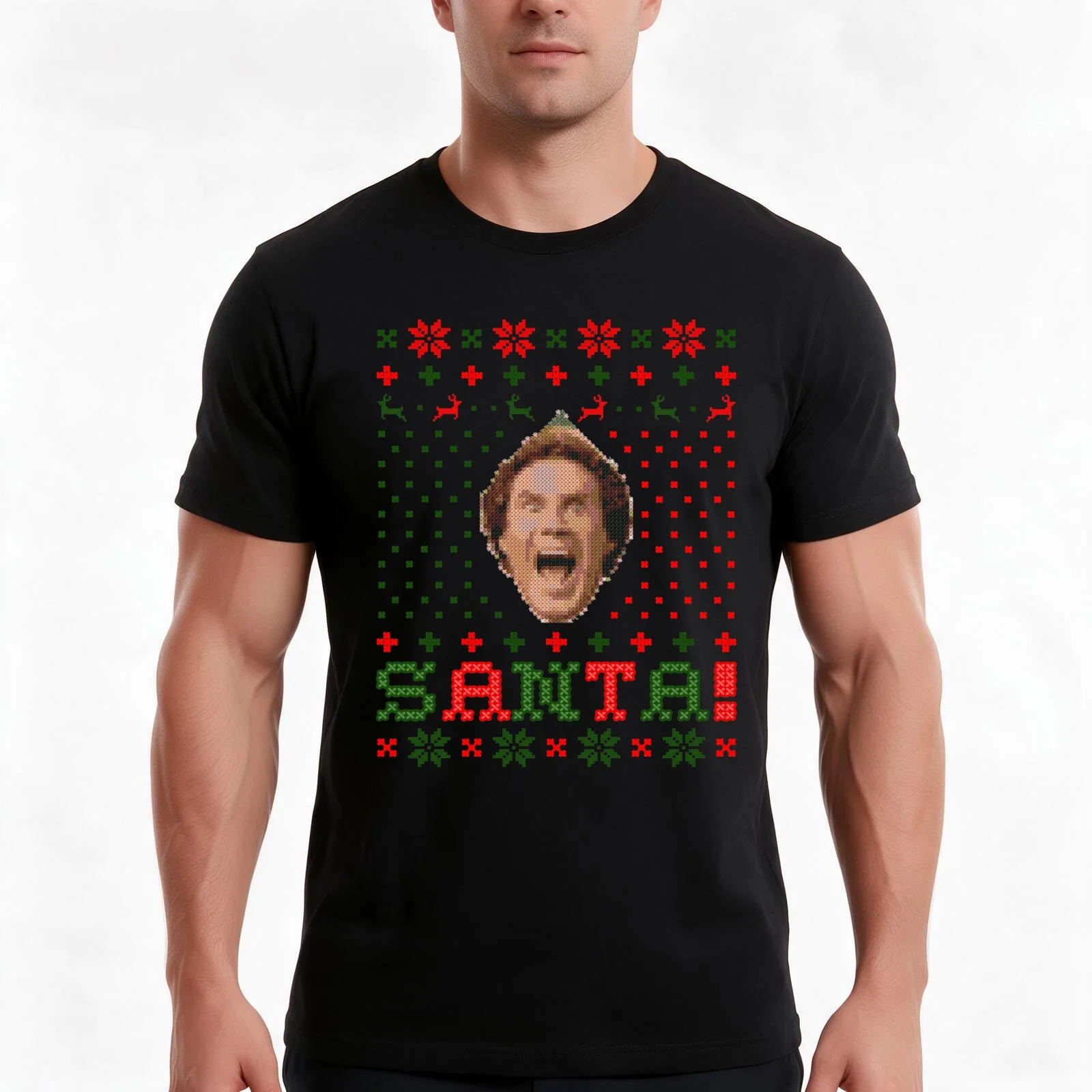 SANTA! I Know Him! Funny Buddy Elf Graphic T-Shirt, Summer Casual Cotton Tee, Oversized Streetwear Tops, Vintage Graphic Print