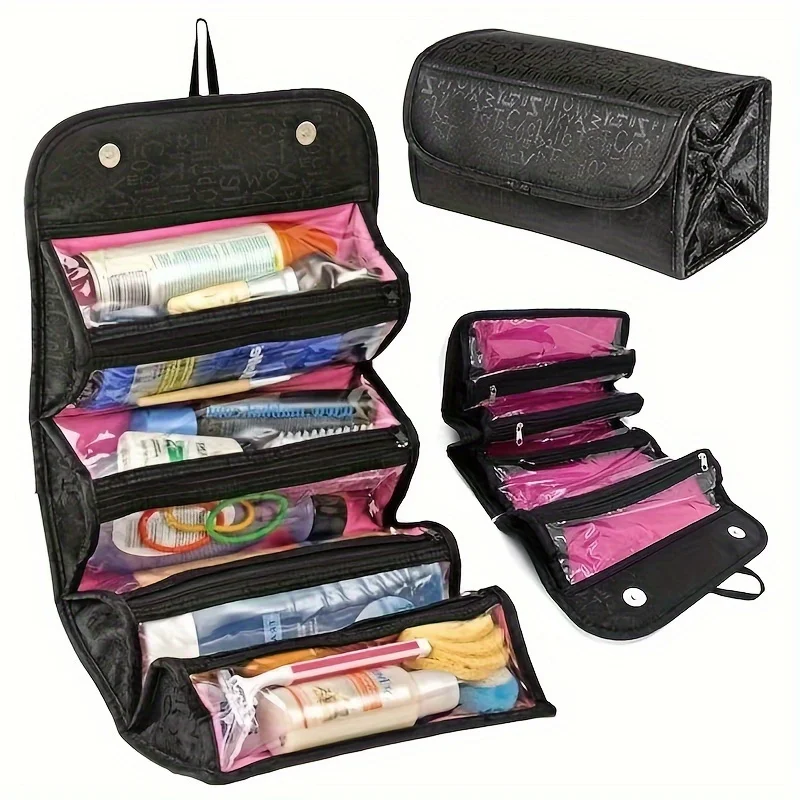 

Косметичка дорожная 4-в-1, большая вместимость, с разделением на сухие и влажные отделения, множество карманов на молнии, прочный сетчатый чехол, черный, для мужчин и женщин