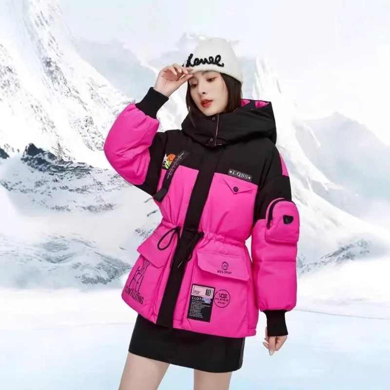 

Модный брендовый пуховик с капюшоном и вышивкой, женское пальто средней длины, рабочая одежда контрастного цвета, утепленная парка