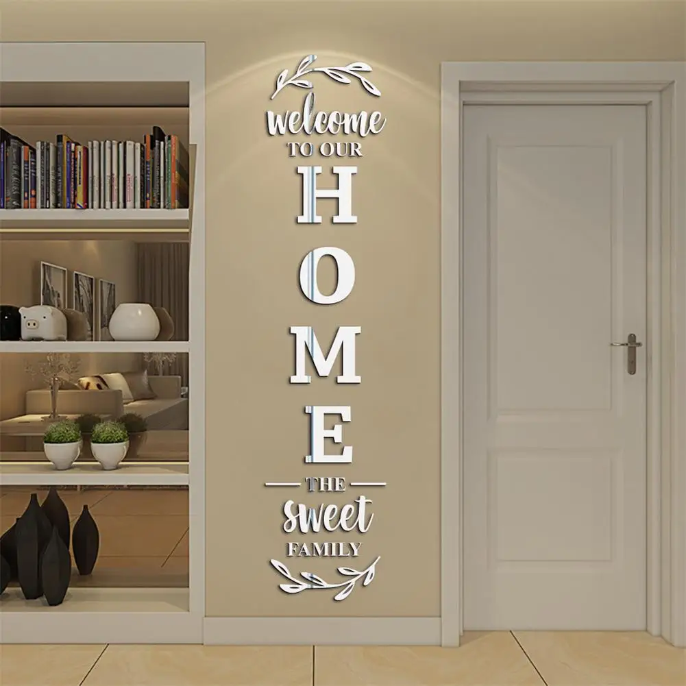 3D Mirror Wall Sticker English Letters 'Welcome To Our Home The Sweet Family' Combination Self-Adhesive Acrylic Decal Home Decor