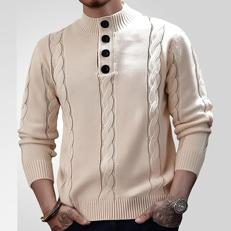 

2024 New Retro Buttons Mock Neck Sweaters Casual Men's Solid Knitted Sweater Keep Warm Men Jumper Woolen Autumn Winter Sweater