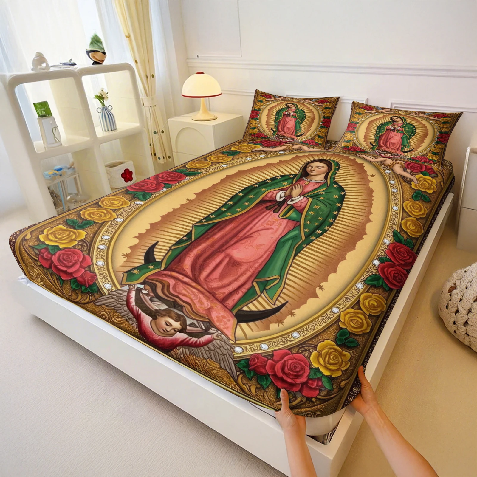 Our Lady of Guadalupe Fitted Sheet Set 3Pcs Vintage Virgin Mary Rose Print Bedding Set Deep Pocket Bed Sheet with 2 Pillowcases