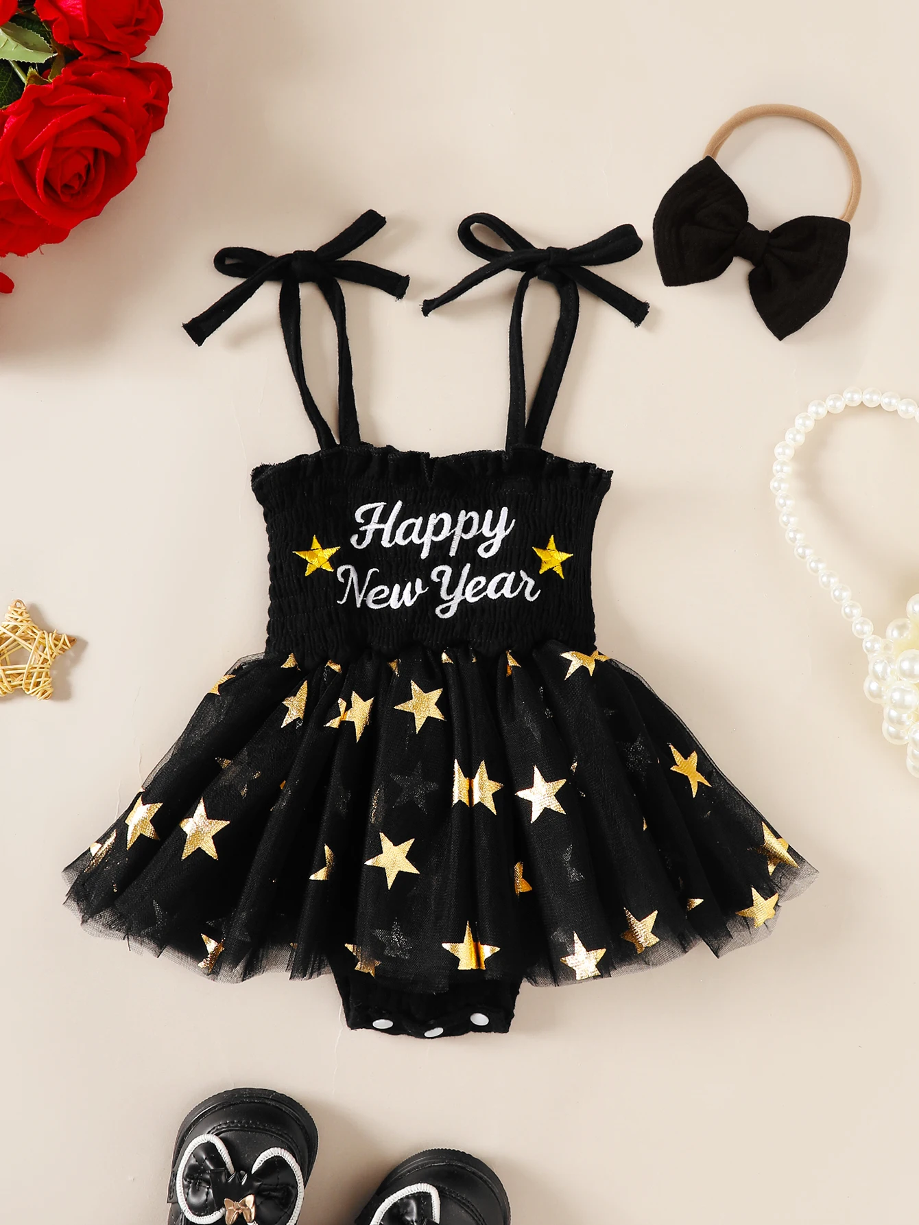 Infant Girl's Letter Embroidered Star Pattern Dress with Headpiece Matching Tulle Skirt for Babies