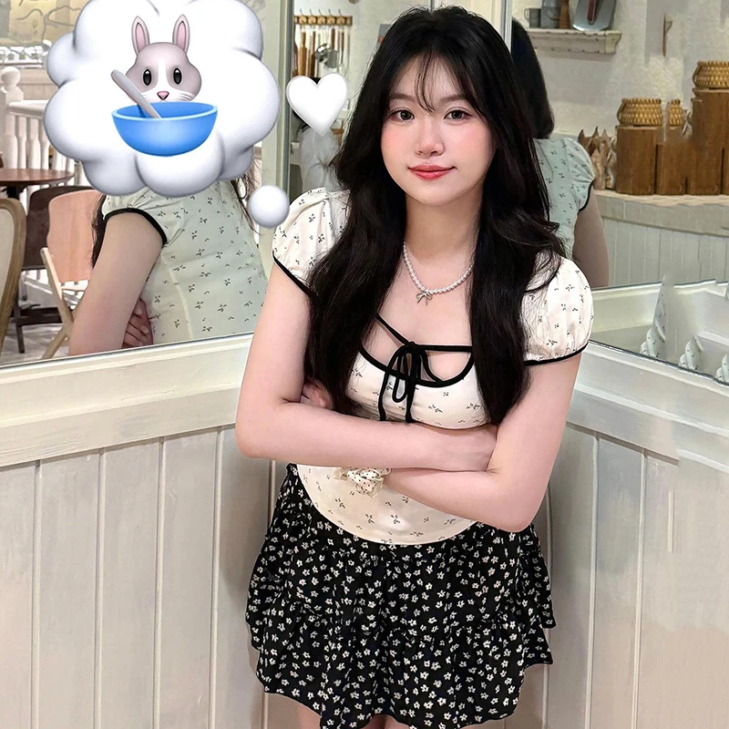 

2026 Summer Short Sleeve Print T-shirt Dress Sets for Women Korean High Waist Cake Skirts Slim Fit Temperament Elegant Tops Suit