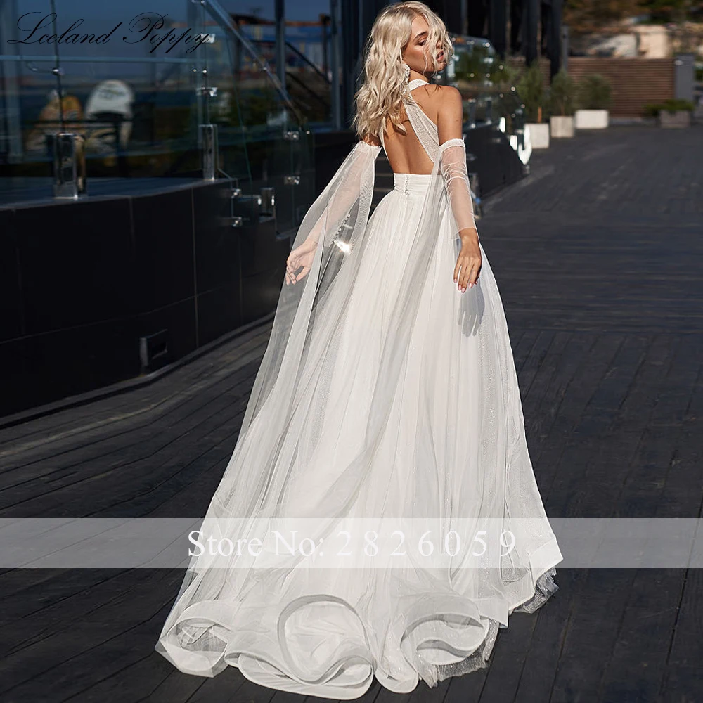 Lsland Mohn EINE Linie Sexy V-ausschnitt Shiny Tüll Hochzeit Kleider 2023 Backless Plissee Brautkleider mit Abnehmbaren Ärmeln