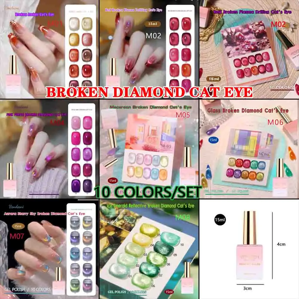 

Vendeeni 10 цветов/набор, блестящий гель-лак для ногтей «кошачий глаз», УФ-светодиодный магнитный лак для ногтей с цветной картой, TPO/HEMA FREE