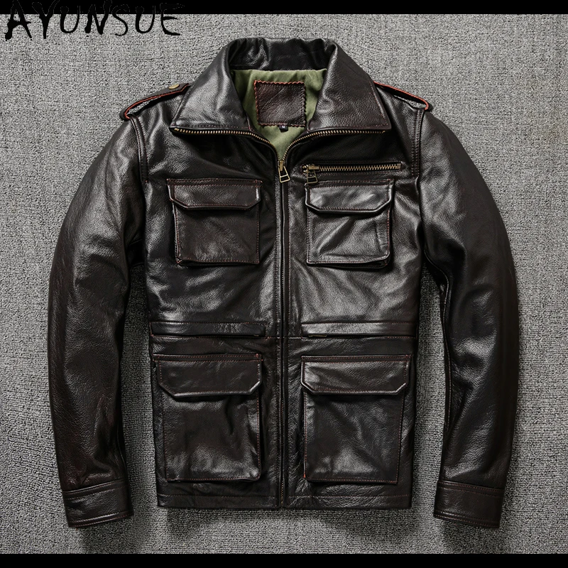 AYUNSUE Soft Genuine Leather Jacket Cowhide Short Coats Autumn Motorcycle Jackets Two Colors Chamarras De Cuero Para Hombre