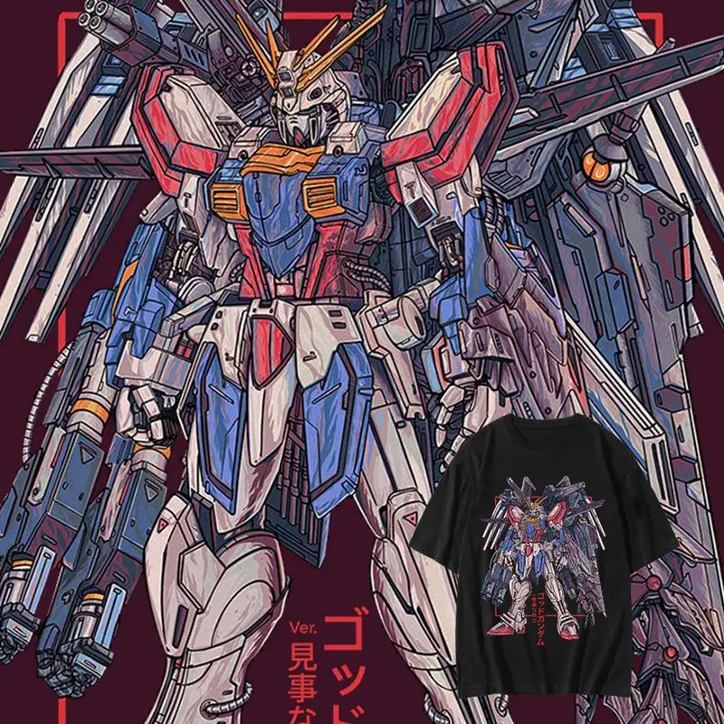 

Mobile Suit Gundam Collaboration T-shirt with Mecha Print Short Sleeve Round Neck Pure Cotton Short Summer Men's Short Sleeve