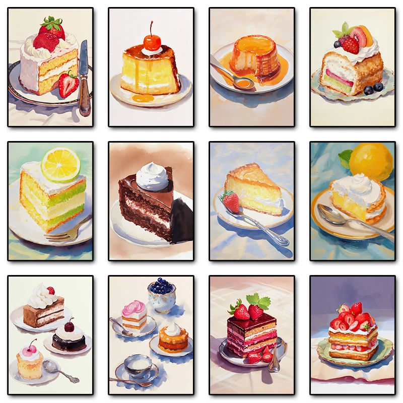 2026 Cream Fruit Cake Watercolor French Pastry Illustration Poster Canvas Painting Wall Art Print Picture Colorful Kitchen Home