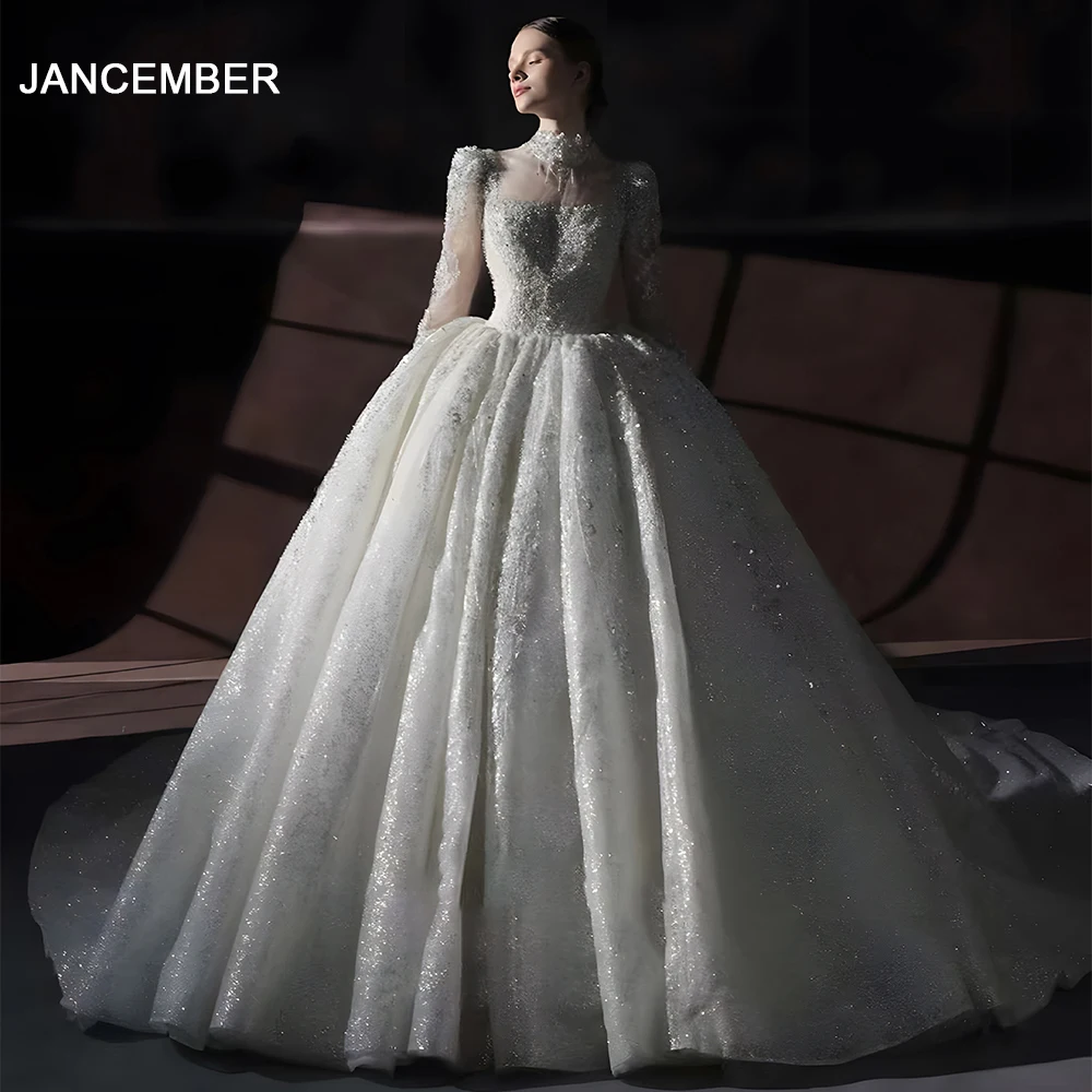 Jancember Perfect Gorgeous Wedding Dresses For Women High Neck Full Sleeves Court Train Illusion Beading Robe De Mariée LSHT016