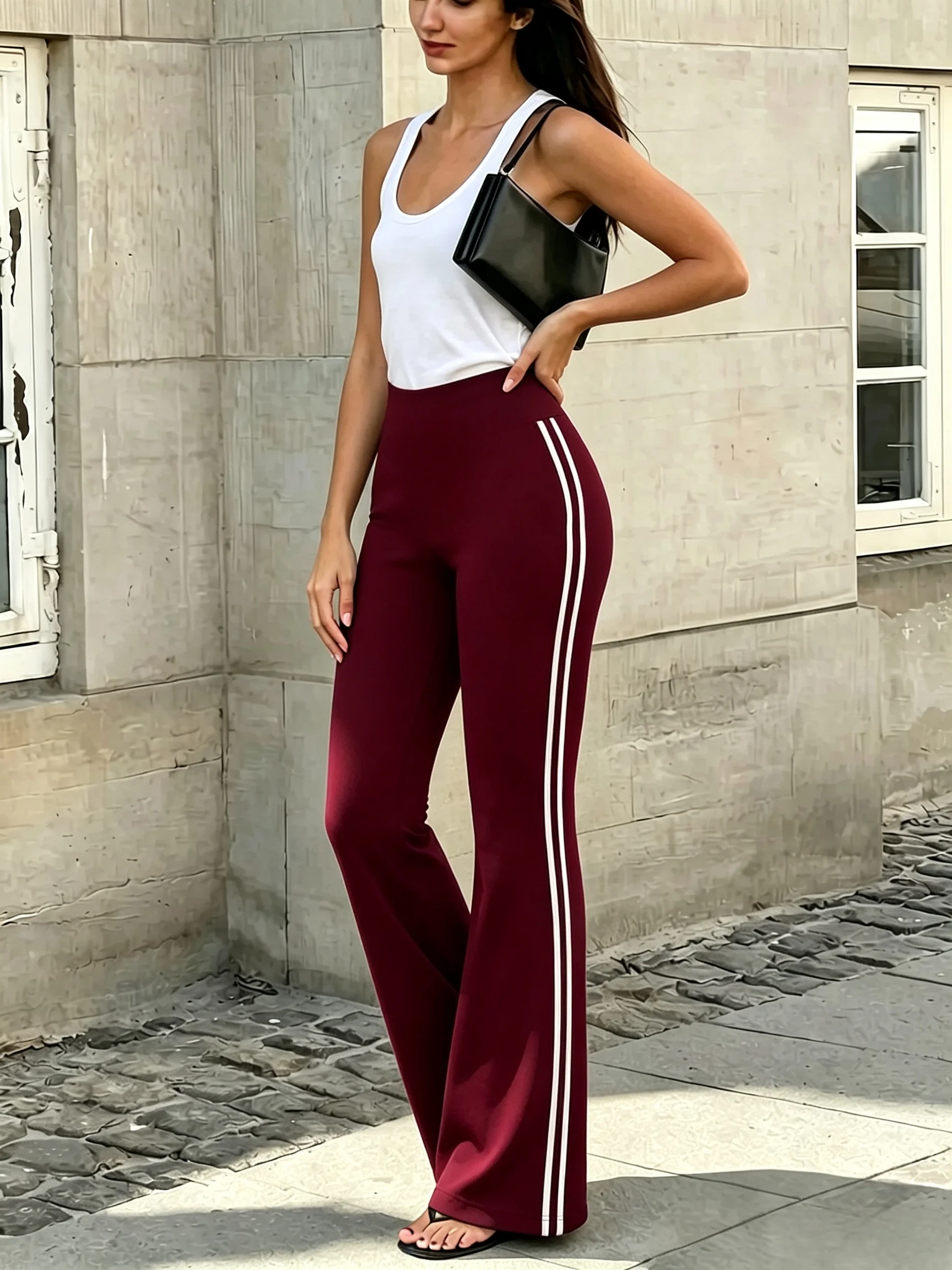 Women High Waist Side Striped Flare Pants, Slim Fit Stretch Bootcut Casual Trousers
