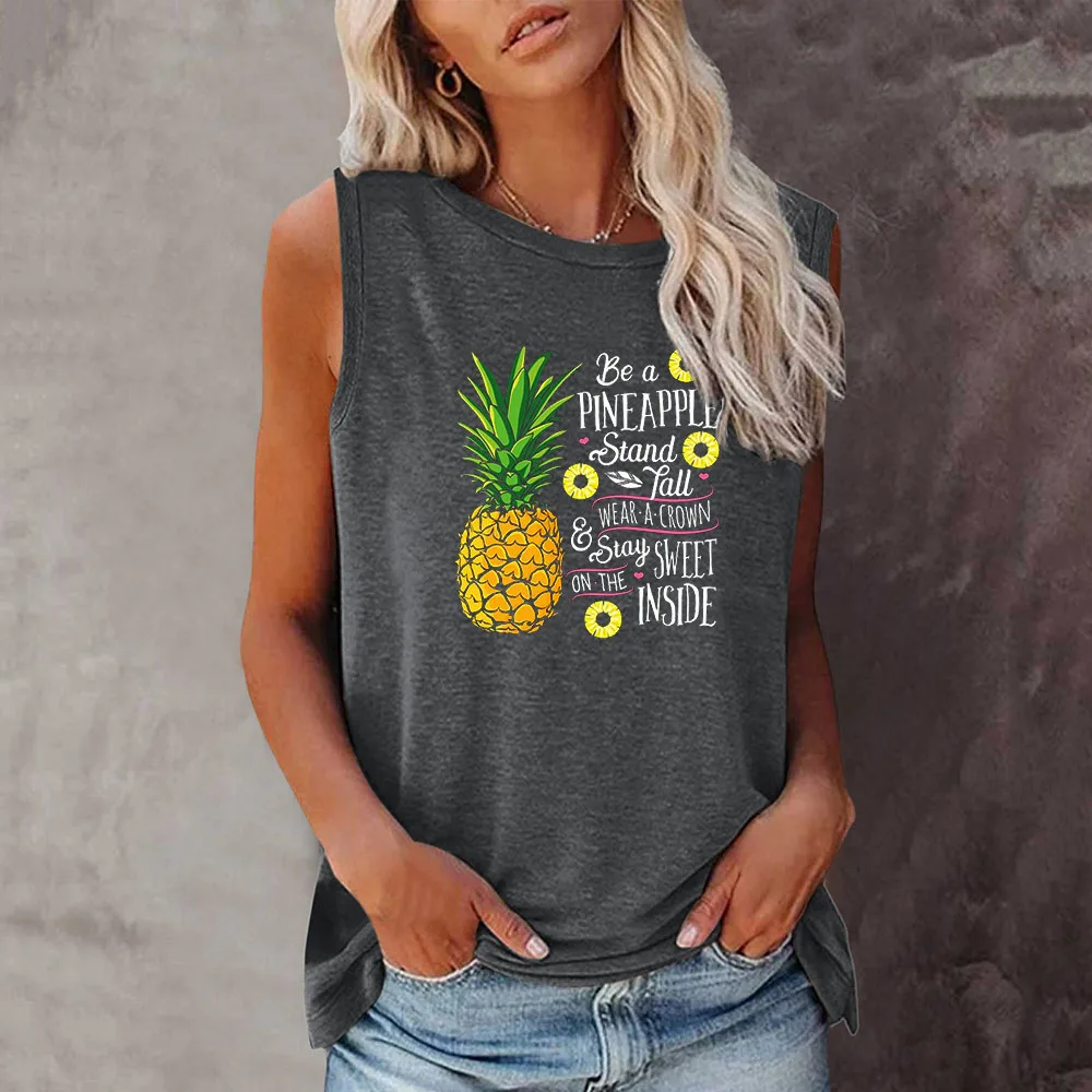 Seeyoushy Be A Pineapple Stand Fall Wear A Crown Stay Sweet on The Inside Summer Fashion Tshirt Women's Oneck Sleeveless T-shirt