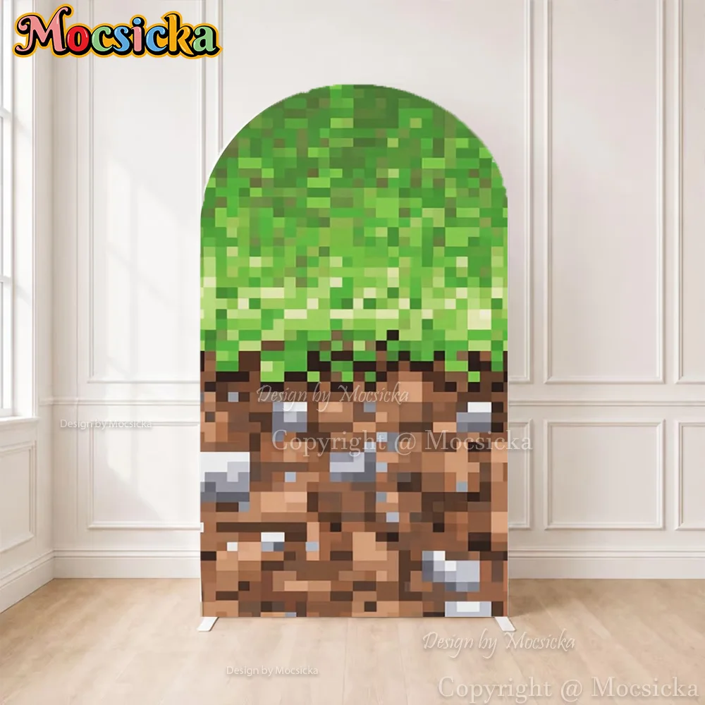 Mocsicka Custom 2-Sided Arch Cover Backdrop Pixel Game Grass Soil Block Boys Birthday Background Photography Baby Shower Photo