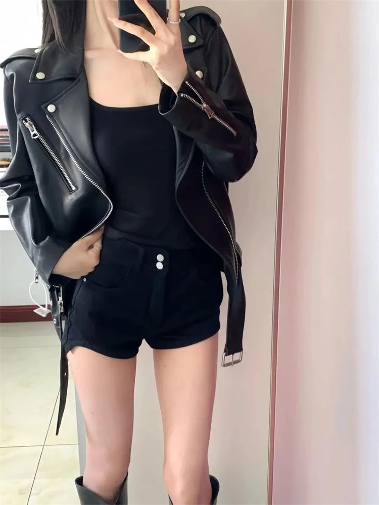 Printemps rue Sle femmes ample surdimensionné en cuir PU Jaet Bla Biker tenue Cool et épicé manteau de moto