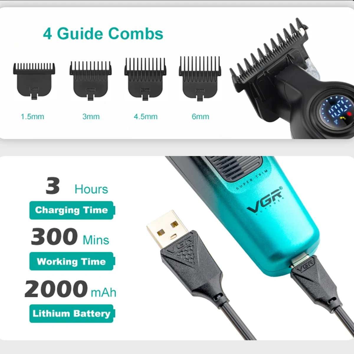 VGR V-996 Men's Professional Hair Clipper with DLC Blade, 7000 RPM, LED Display, Barber Shop Cordless Professional Hair Trimmer image 5