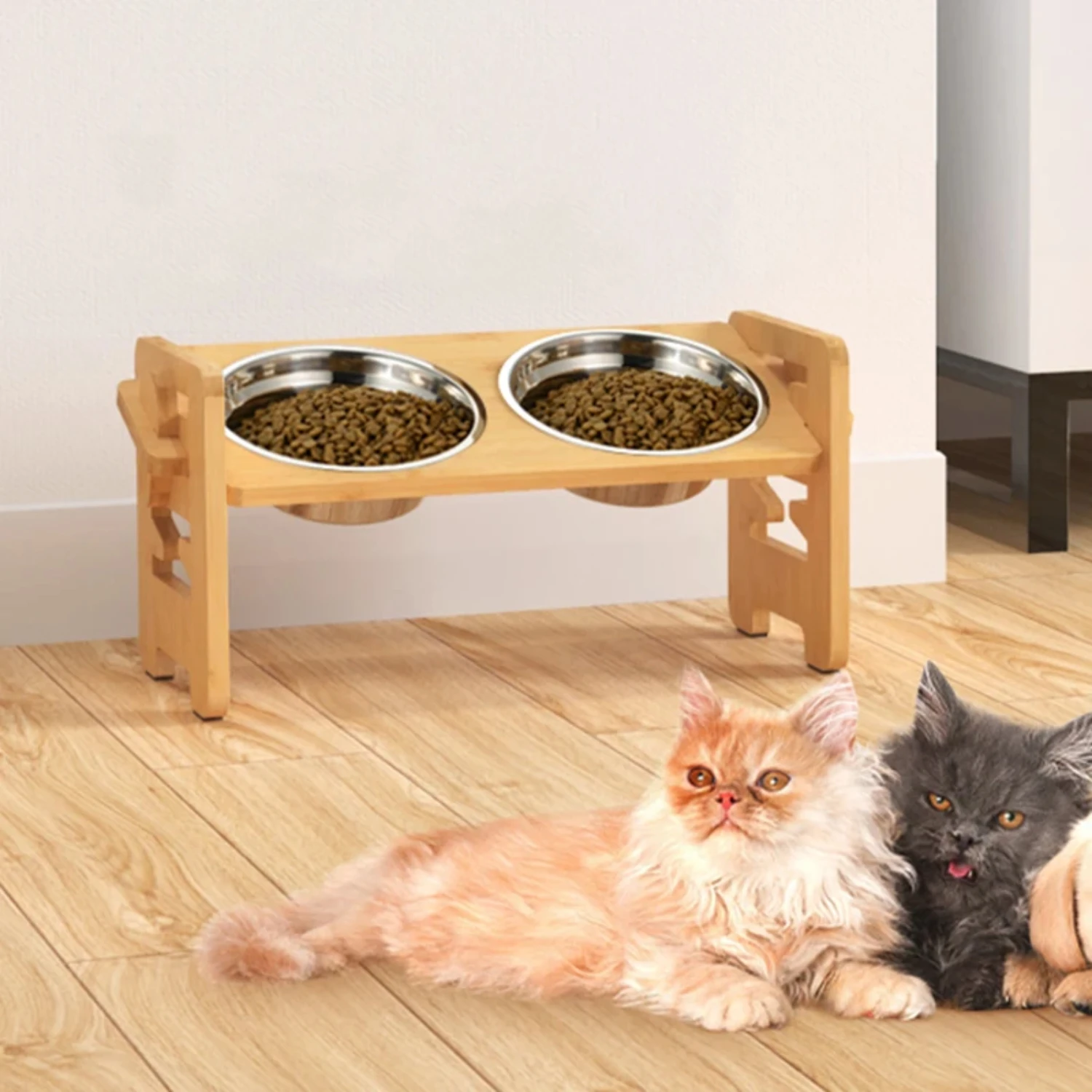 

Adjustable Elevated Bamboo Tilted Dog Feeder Stand with Stainless Steel Food Bowls for Cats, Puppies and Dogs - Pet Accessories