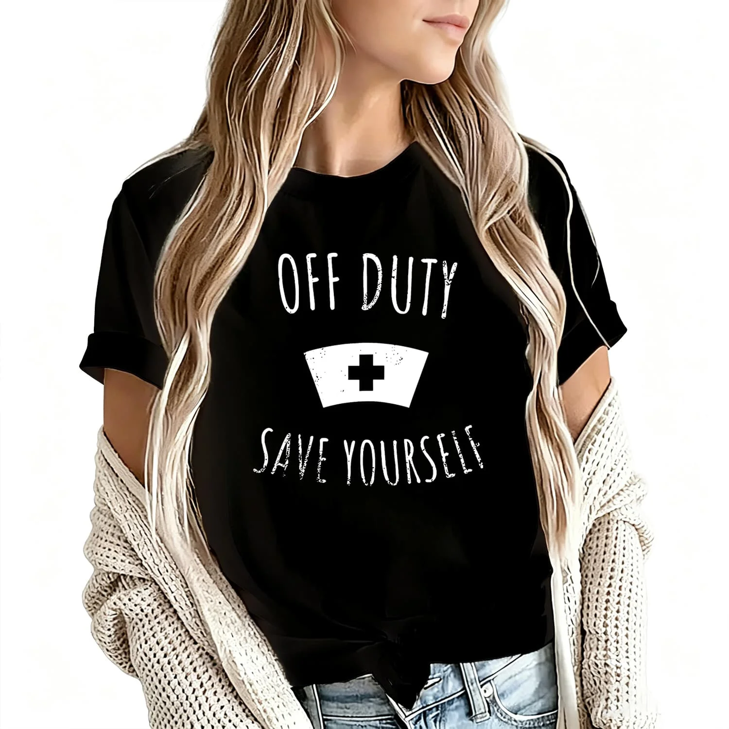 Off Duty Save Yourself Women's T-Shirt 100% Cotton Funny Graphic Short Sleeve Tee Novelty Shirt Casual Crew Neck Top S-5Xl