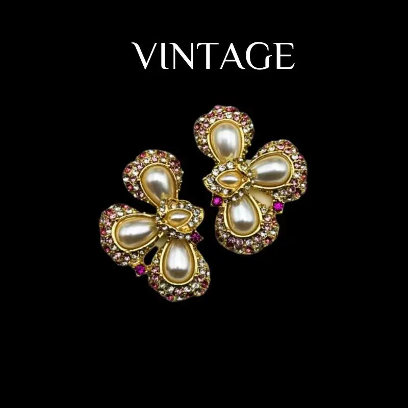 Vintage Women Elegant Zircon 18k Gold Plated Pearls Flower Clip Earrings Set , Woman Ear Accessories Gift