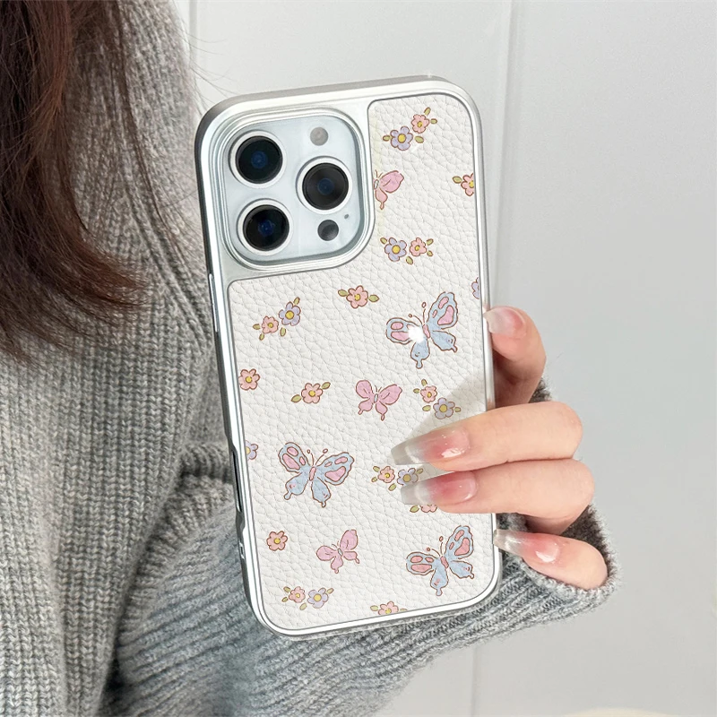 الفراشات والنباتات جراب هاتف آيفون 11/12/13/14/15/16/17 برو ماكس الهواء زائد الايبوكسي جراب هاتف نسيج جلد البولي يوريثان