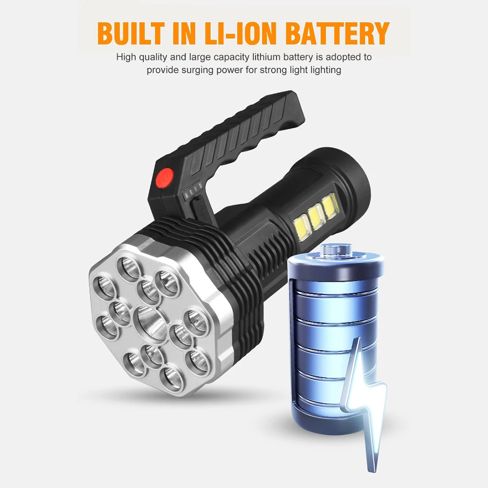 Portable 13 LED+COB Searchlight Super Bright Outdoor Flashlight Rechargeable Multi-function Waterproof Led Long-range Spotlight