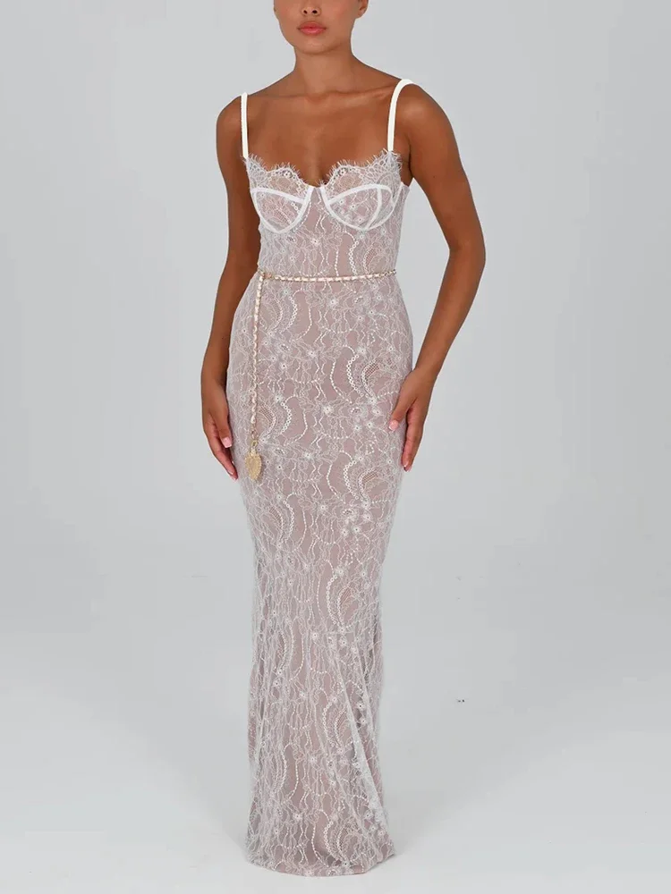 Robe de soirée en dentelle à bretelles spaghetti pour femmes, robe longue élégante, imprimé, dos nu, batterie, club, fête, sexy