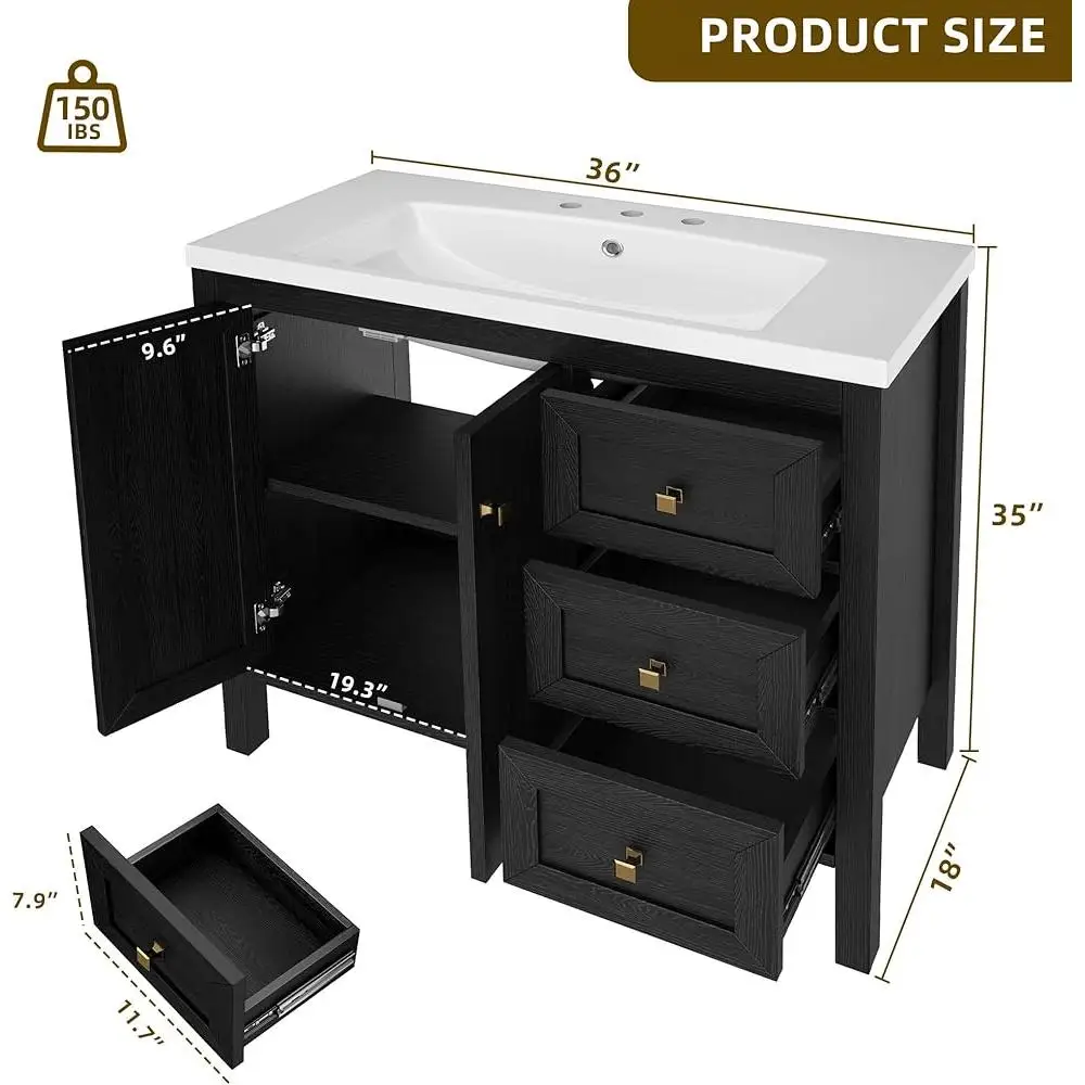 Vintage Bathroom Vanity Cabinet with Resin Sink Large Storage Soft Close Doors and Drawers Easy Assembly Durable Design