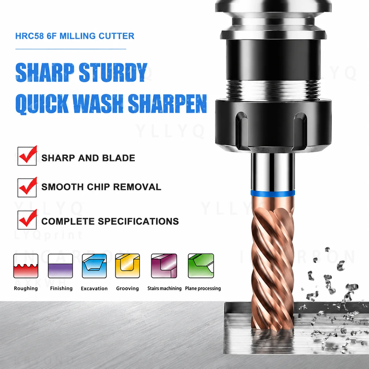 TGB HRC65 6 Flute Carbide End Mill Color Ring Coated Flat Bottom Tungsten Steel CNC Milling Cutter for Mechanical Machining Tool