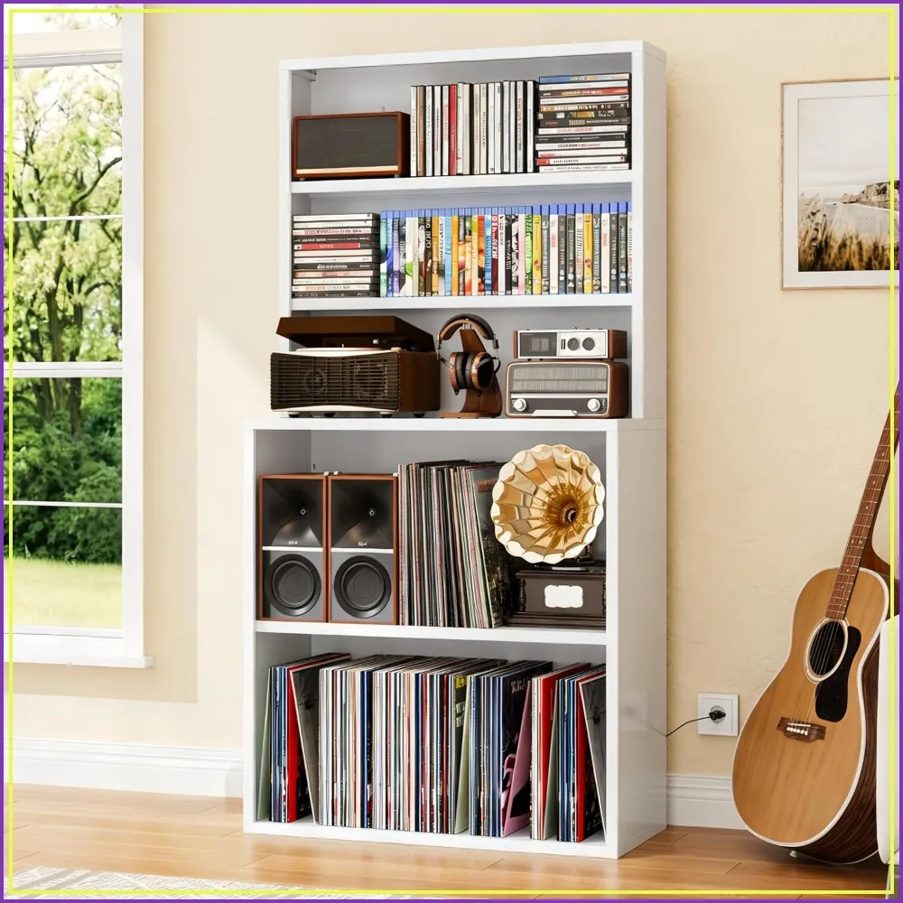 DVD Storage Cabinet with Record Player Stand, White Media Tower Shelf for Vinyl, CD, Book Organizer