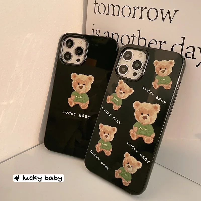 Kawaii plush vintage hoodie bear sweet Glossy Phone case For iPhone 16 15 14 13 11 12 Pro Max XR 15 14 16 Plus case Cute Cover