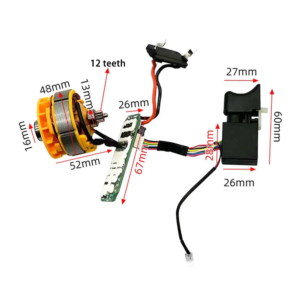 Silnik bezszczotkowy do wiertarki elektrycznej 16,8 V, dwubiegowy, 12-zębowy przełącznik płyty sterowania silnikiem, akcesoria do kluczy