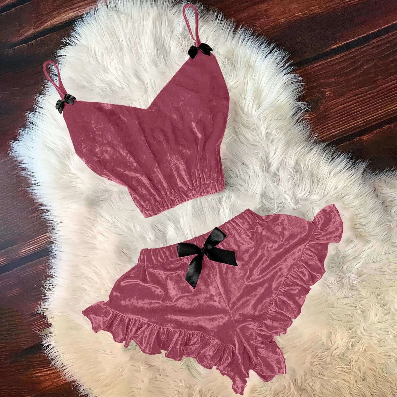 Women V-Neck Velvet Pijama Nightie Sleepwear Sexy Camisole Pajamas Bowknot Shorts Set Underwear Home Clothes Tops and Shorts