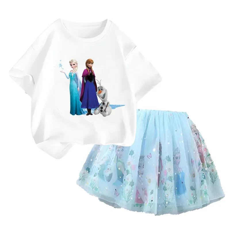 Disney Frozen Elsa Pretty T Shirt and Mesh Skirt Two Piece Tutu Skirt 2024 Summer Fashion Girl 3-14 Year Children Party Clothing