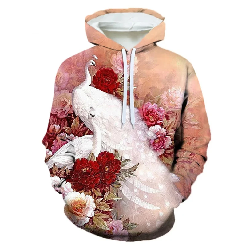 Animal Pattern Men\'s Hoodie Casual Oversized Peacock 3d Print Harajuku Fashion Hooded Sweatshirts Streetwear Pullovers Tops Male