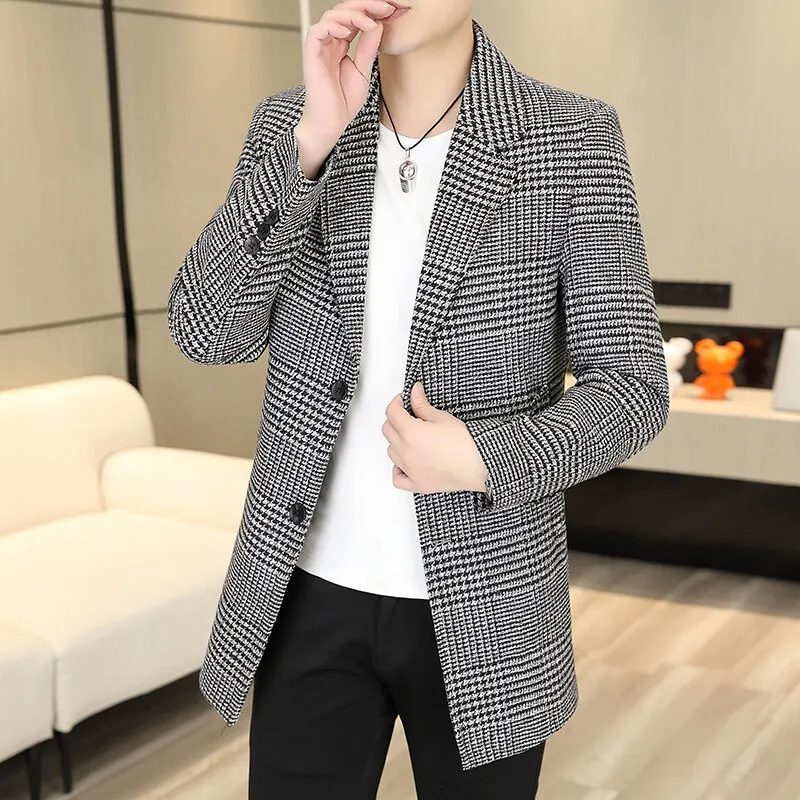 High Quality 2025 Spring Autumn Men's Casual Plaid Woolen Coats Outwear Checkered Windbreaker Slim Fit Mid-Length Tops Jackets