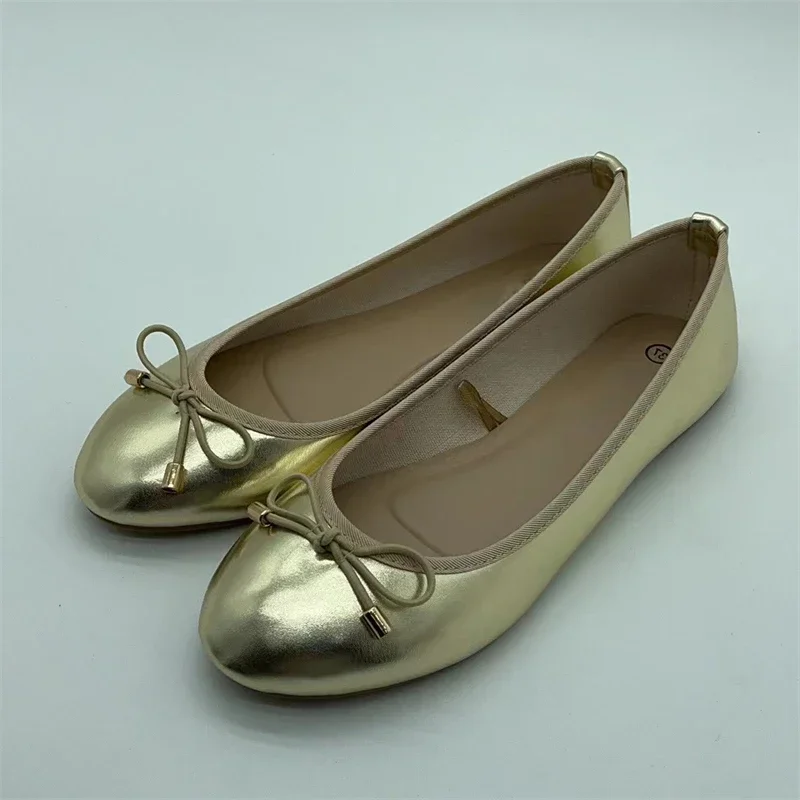 

Gold Silver Elegant Bowknot Round Toe Women's Flat Comfort Slip-On Ladies Ballerina Single Mules Shoes