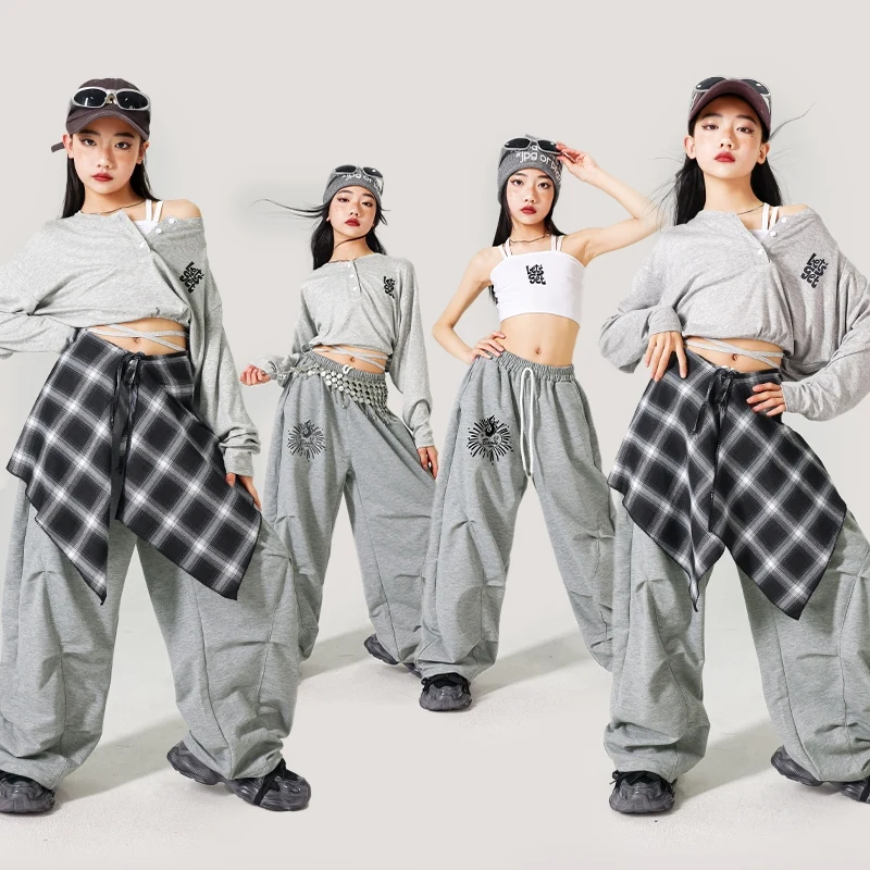 

Hip Hop Dance Outfit Children Clothing Grey Dance Suit Shuffle Pants Girls Jazz Performance Costume Street Dance Wear New 1675