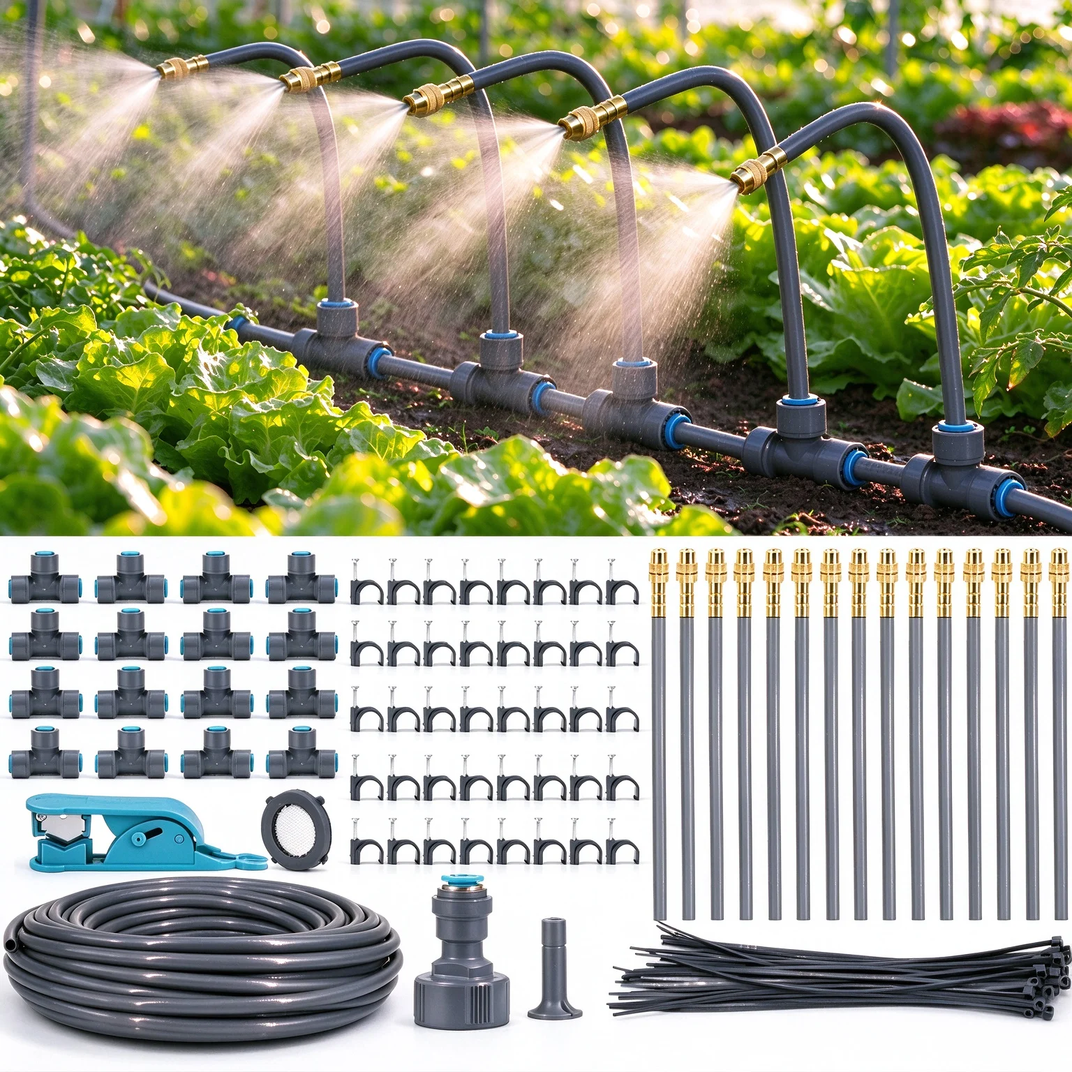 Drip Watering System Kit with Bendable Brass Misting Nozzles 1/4