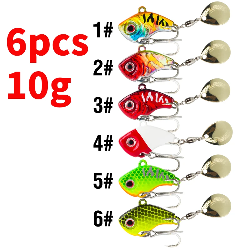 6PC 5g/7g/10g/14g/20g Roterende Metalen Vib Zinkende Vissen Lokken 3D Ogen Harde Aas Spinners Jigging Lokken Sequin Crankbait